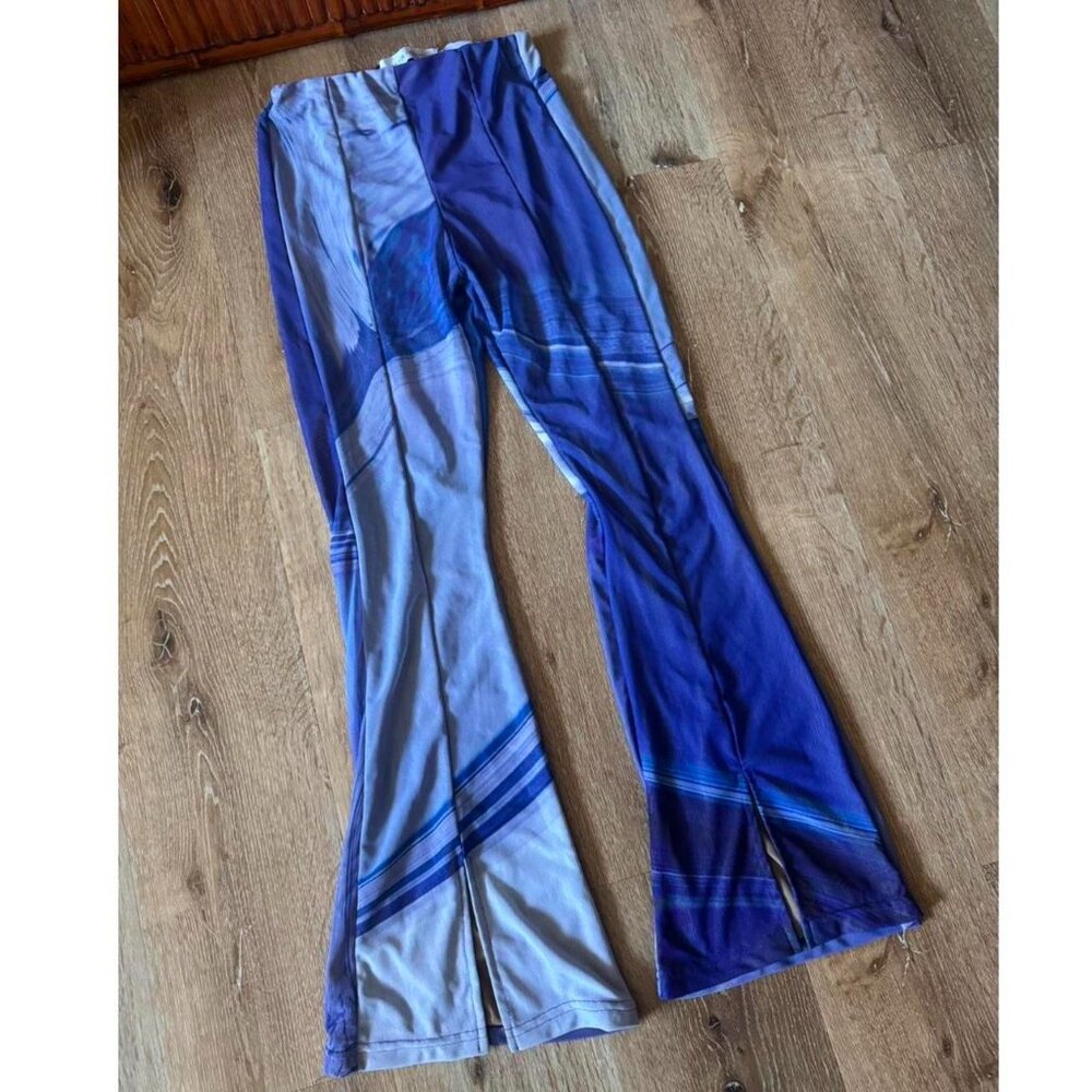 Martin Across Purple Blue Mesh Abstract bootcut flare stretch Trousers size XS-S